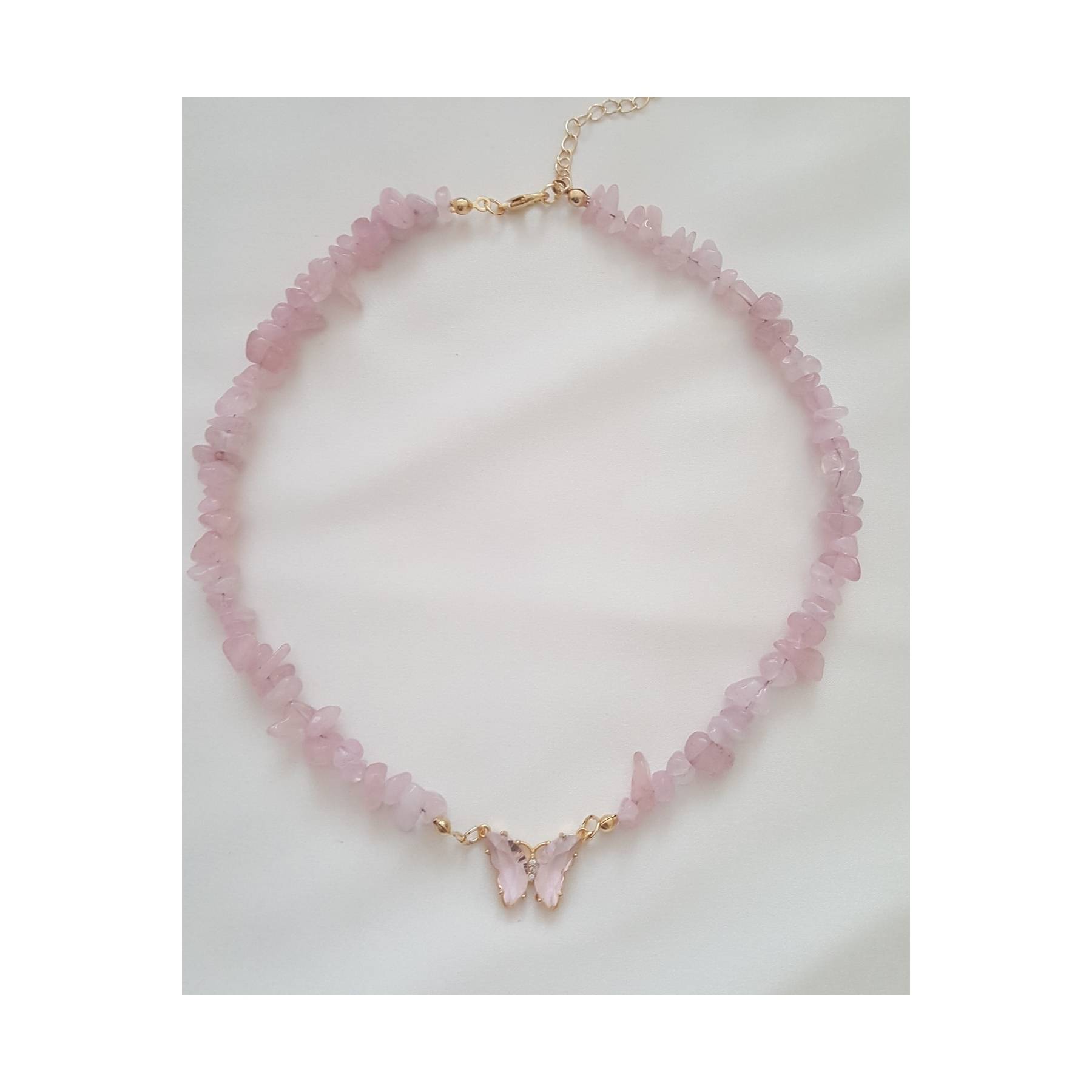 

Glass Butterfly Rose Quartz Natural Crushed Stone Necklace