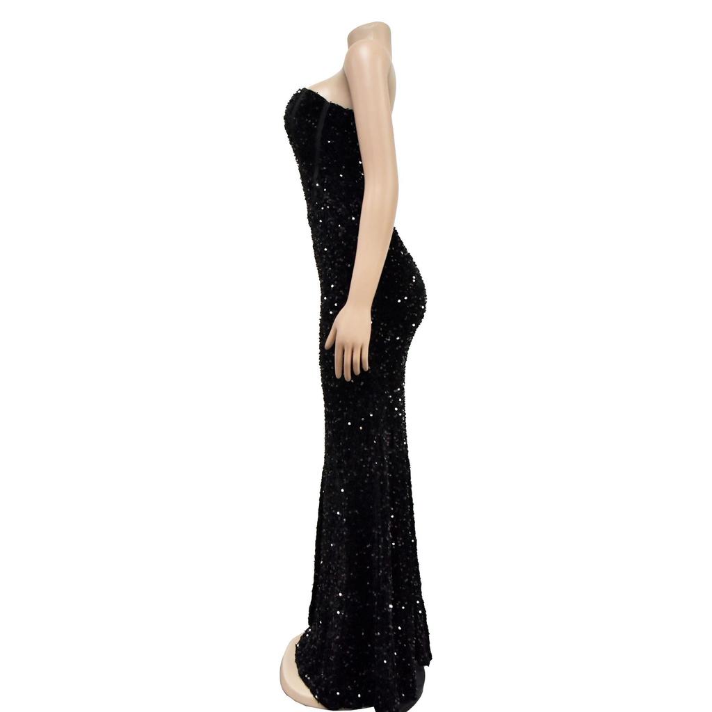 C6792 Europäische & Amerikanische Mode Damen Einfarbig Pailletten Ärmellos Rückenfrei Langes Kleid