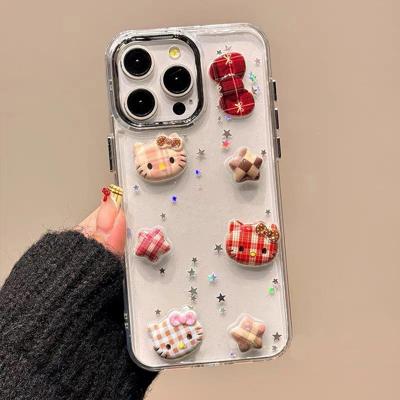 Cartoon Kt Cat Plaid Bow Star Mobile Phone Case For Iphone17Promax Transparent Apple 15 Glitter