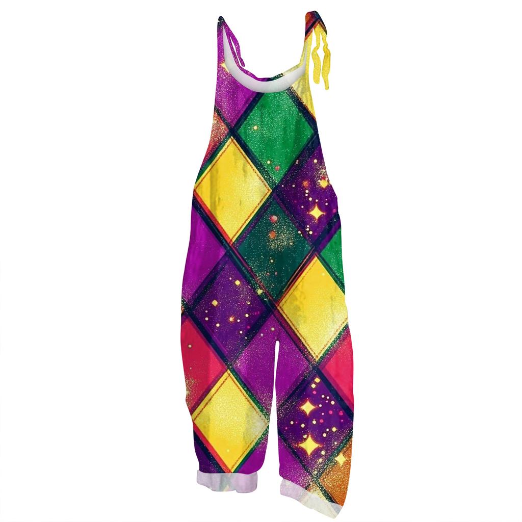 Women's Casual Jumpsuit Sleeveless Carnival Mask Print Loose Retro Overalls Jumpsuit