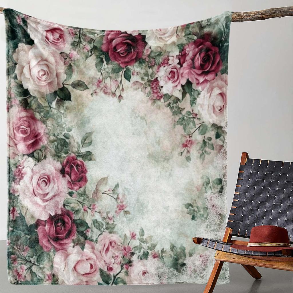 Manta de sofá floral rosa vintage con rosas, manta suave y acogedora de franela, elegante decoración del hogar, regalo para sofá, cama