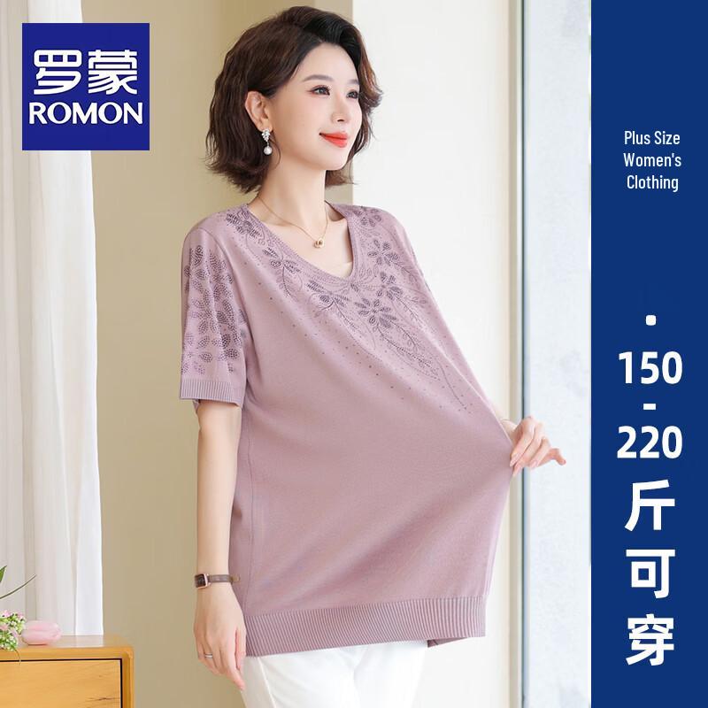 ROMON Women s Plus Size V-Neck Rhinestone Ice Silk T-Shirt 3XL