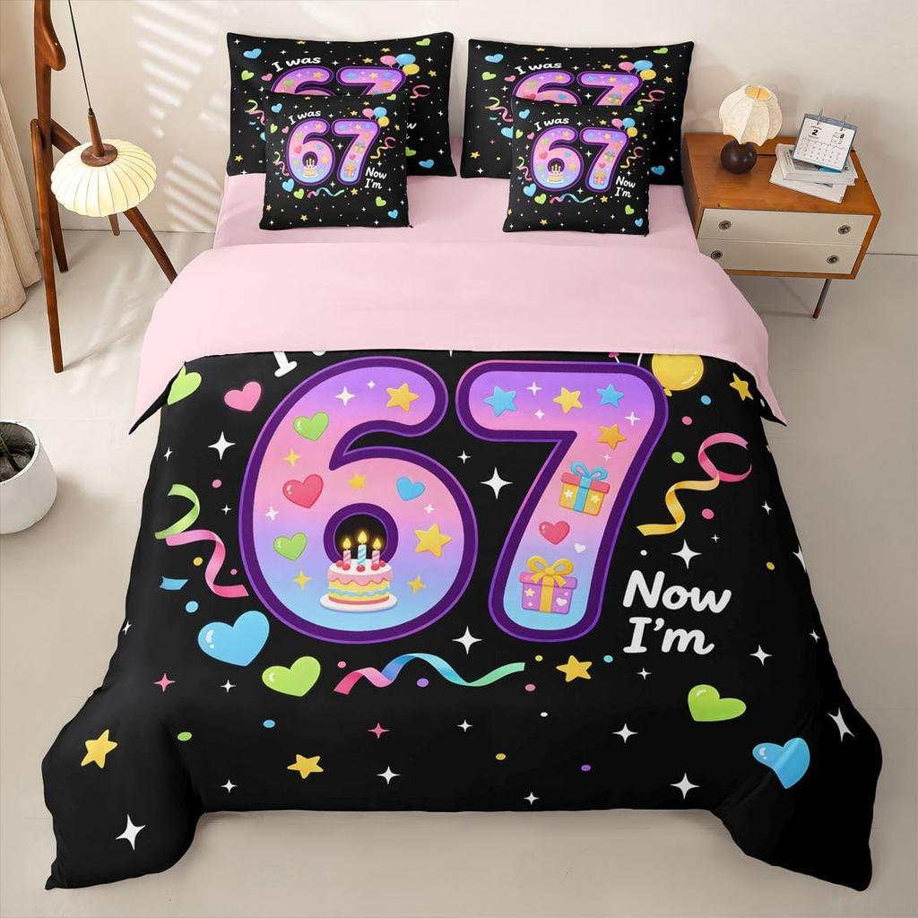 Birthday Duvet Cover with Pillowcases for Kids Boys Girls, Six Seven 2 Pieces Soft Microfiber Bedding Set 67th Bed Room Decor