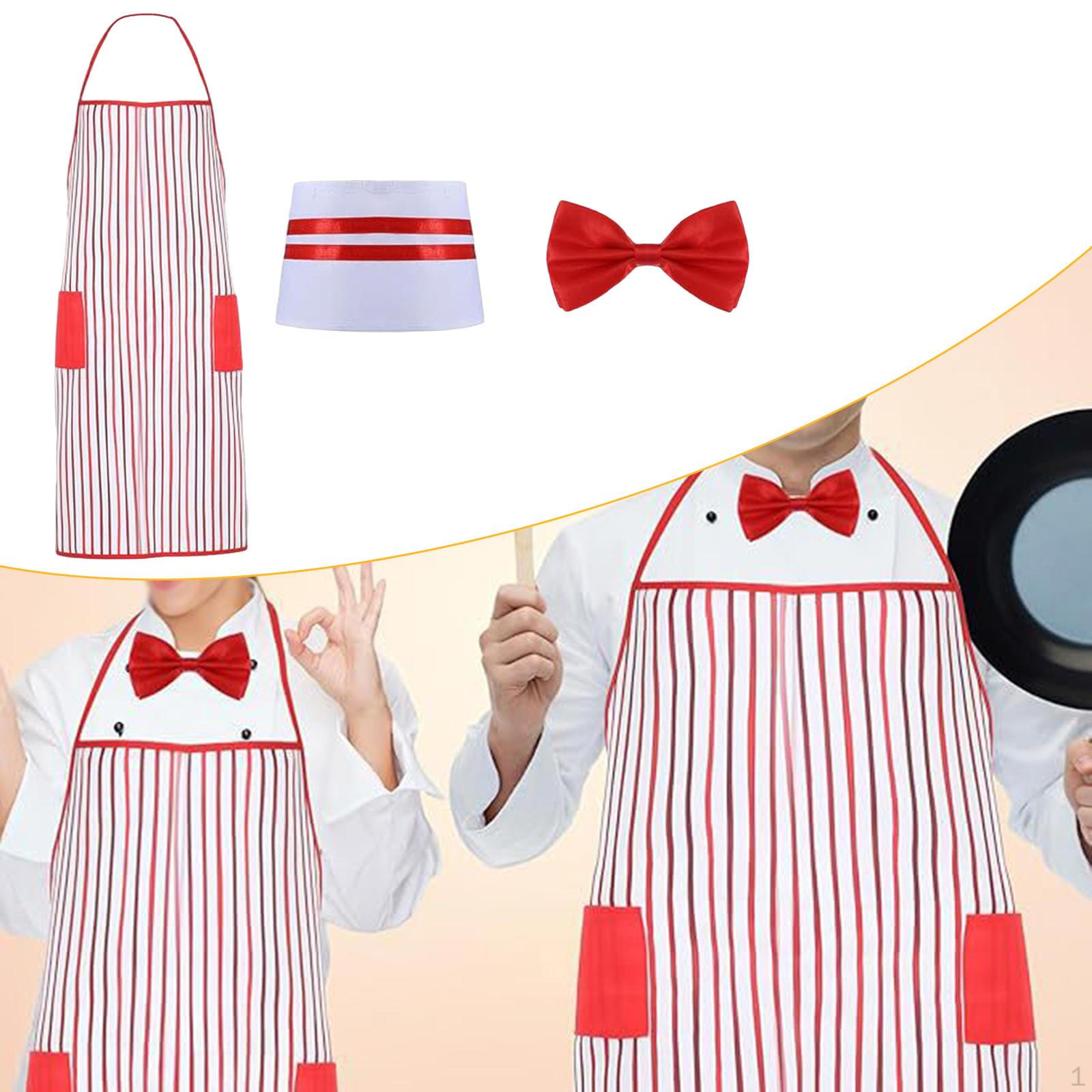 

Waiter Adult Costume Kit Red White Striped Apron Soft Multiuse with Two Pockets