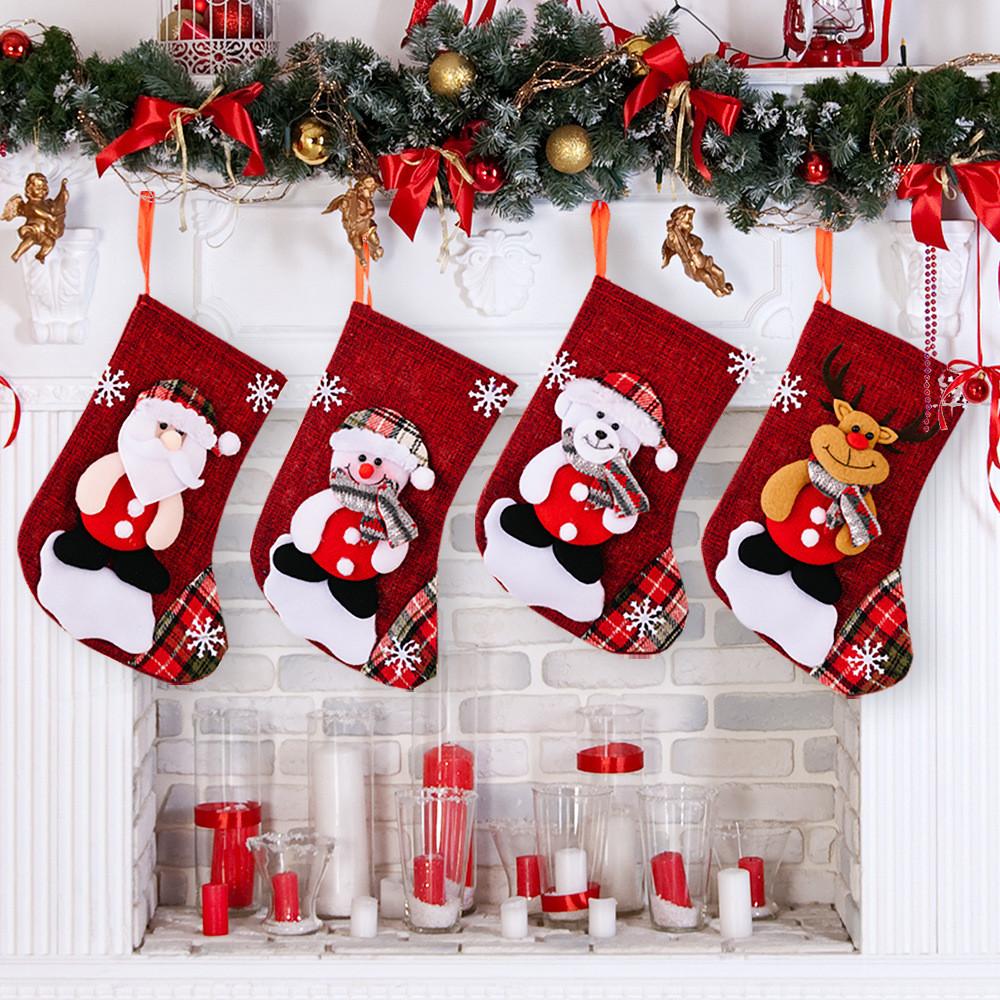Cute Cartoon Christmas Stockings In Red Fabric For Festive Tree Decorations