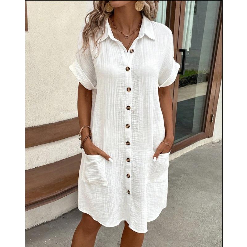 Abito Casual da Donna a Manica Corta, Monopetto, Colore Unito, Lunghezza Midi, Vestibilità Larga