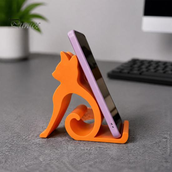 Stable Phone Support Cute Cat Stand Curled Tail Kitty Desk Holder for Cell Black Dock Tablet, 3D Printed Universal Stand Office Bedroom, Gift Lovers