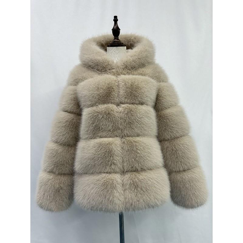 Womens Faux Fur Hooded Coat Winter Warm Casual Streetwear Jacket With Patchwork Design