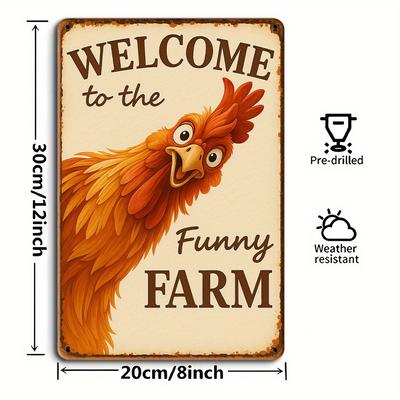 Znamení kohouta "Vítejte na Funny Farm" - 8x12 palců Vintage kovová dekorace pro kurník a zahradu