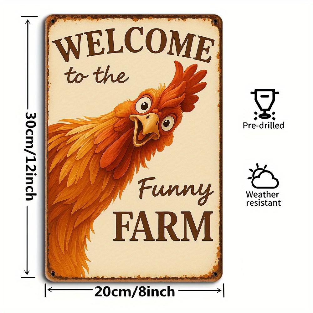 "Welcome to the Funny Farm" Rooster Sign - 8x12 Inch Vintage Metal Decor for Coop & Garden