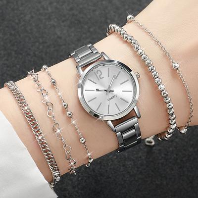 6 Stück/ Set Mode Damen Silberfarbe Edelstahlband Quarz Analog Uhr & Armband Set