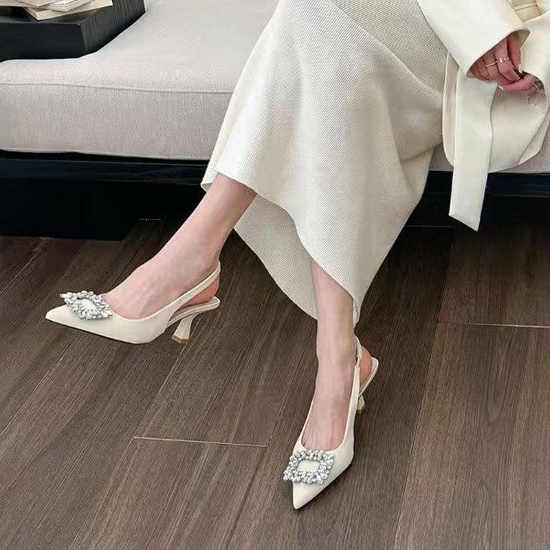 Women's high-heeled suspender shoes, slip-on dress shoes, women's crystal button square-toe stiletto sandals