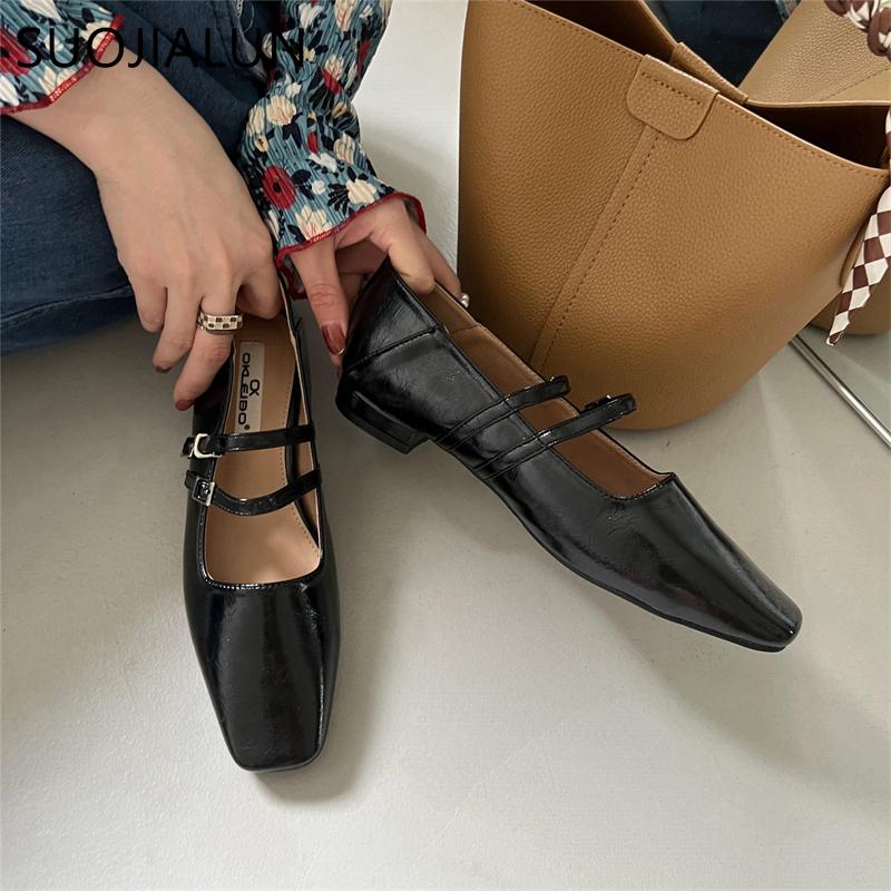 Fashion SUOJIALUN 2024 Spring New Women Flat Shoes Fashion Red Ladies Elegant Mary Jane Shoes Flat Heel Casual Dress Outdoor Ballerinas