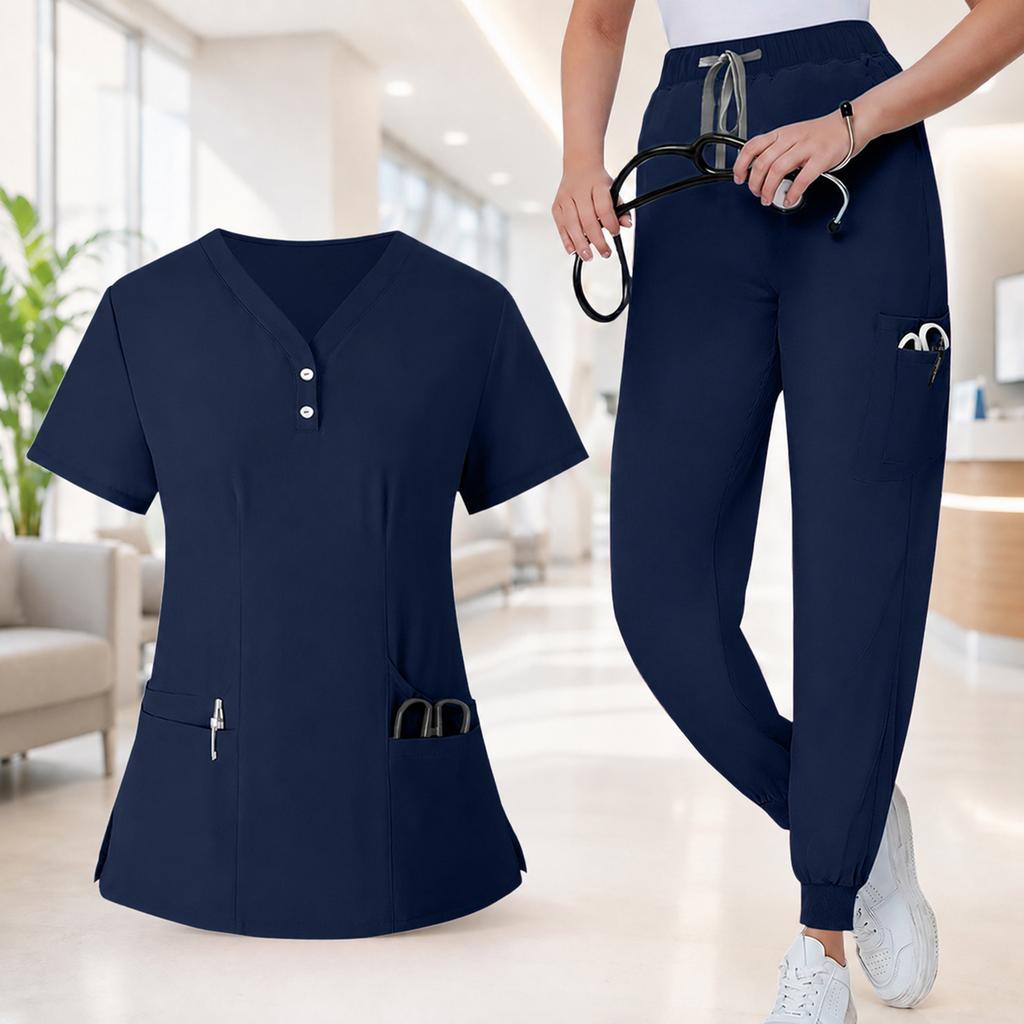 Set Uniforme da Lavoro da Donna - Top a Maniche Corte con Scollo a V ad Asciugatura Rapida con Tasche e Pantaloni Lunghi, Colore