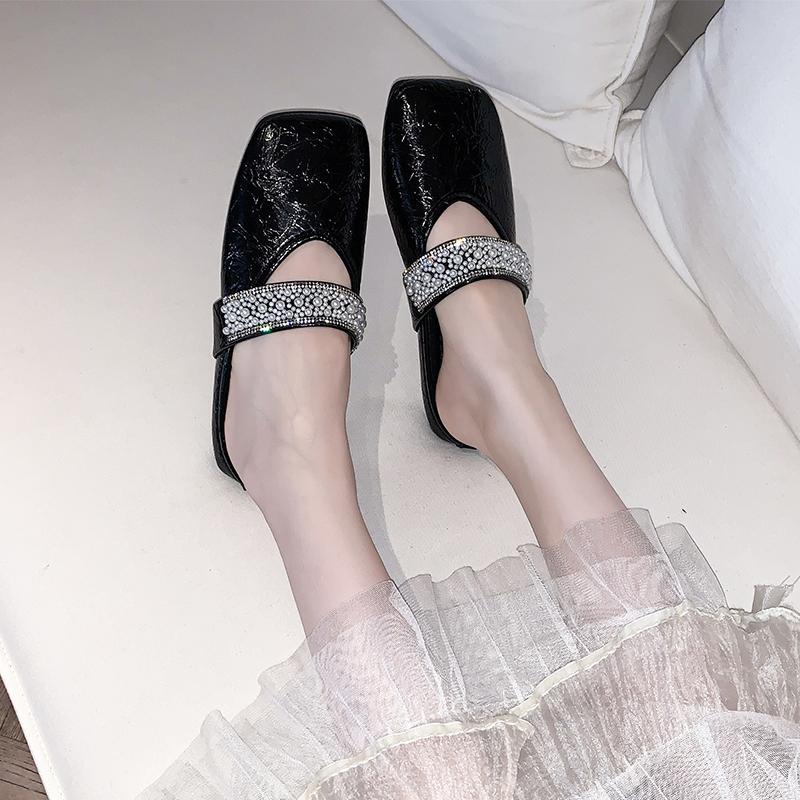 Fashion Summer 2025 Flats Mules Women Shoes Slingback Slippers Women Designer String Bead Square-toed Sandals Dress Fashion Slides Women