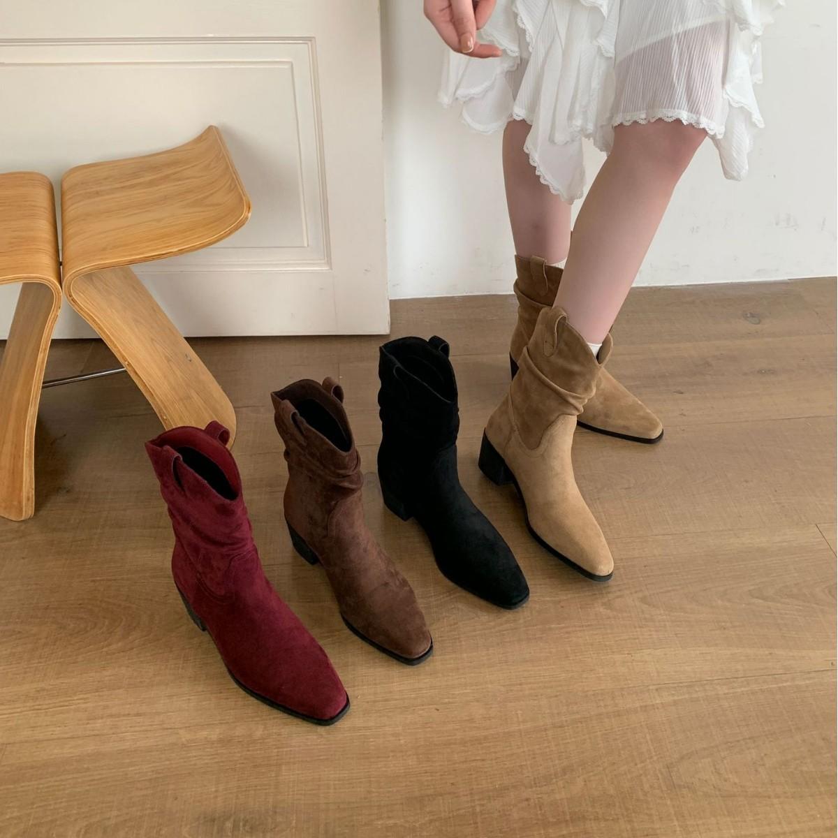 

2025 new suede low tube Spice Girls stacking boots square head thick high heel low tube Martin women s short boots 39 червоний