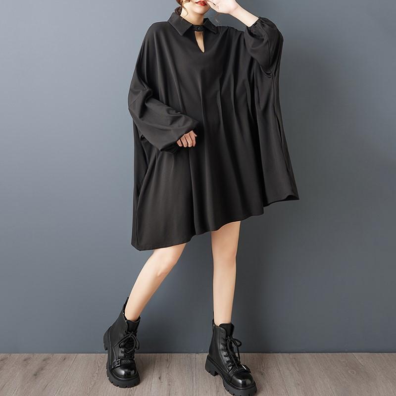 Langarm Übergröße Vintage Schwarz Neu in Kleider für Damen Lässig Locker Midi Frühling Herbst Kleid