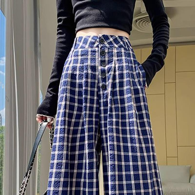 Zhao Lusi Style Women's Blue Plaid Wide-Leg Pants - 145 Petite, Early Autumn, Elegant Casual Straight-Leg