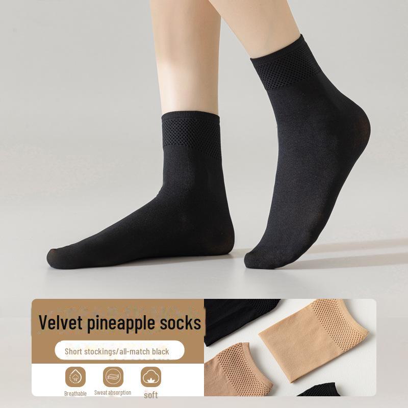 Ultra-Thin Women's Summer Stockings: Flesh and Black Velvet Pineapple, Japanese Style, Sweat-Absorbent, Non-Slip Mid-Tube Socks.