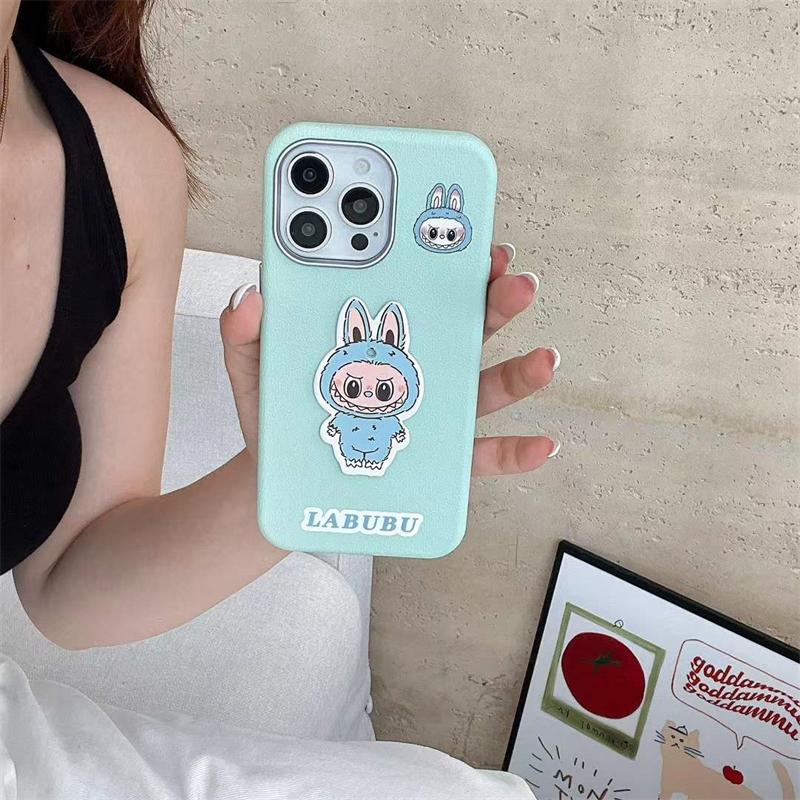 

Милый чехол для телефона Labubu из кожи личи для iPhone 16 15 14 13 12 11 Pro Max, мягкий чехол iPhone 16 синий