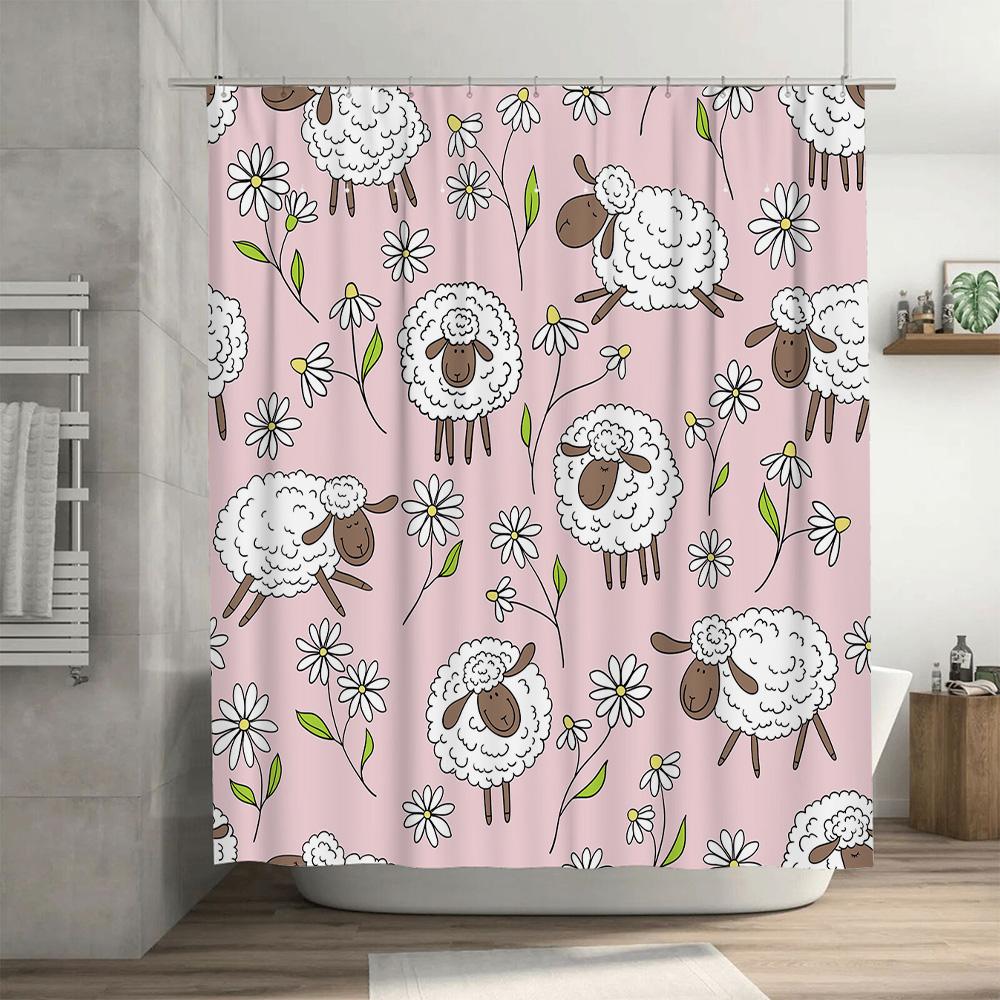 Pink Sheep Flower Shower Curtain Bathroom Decoration for Kids' Room or Kitchen