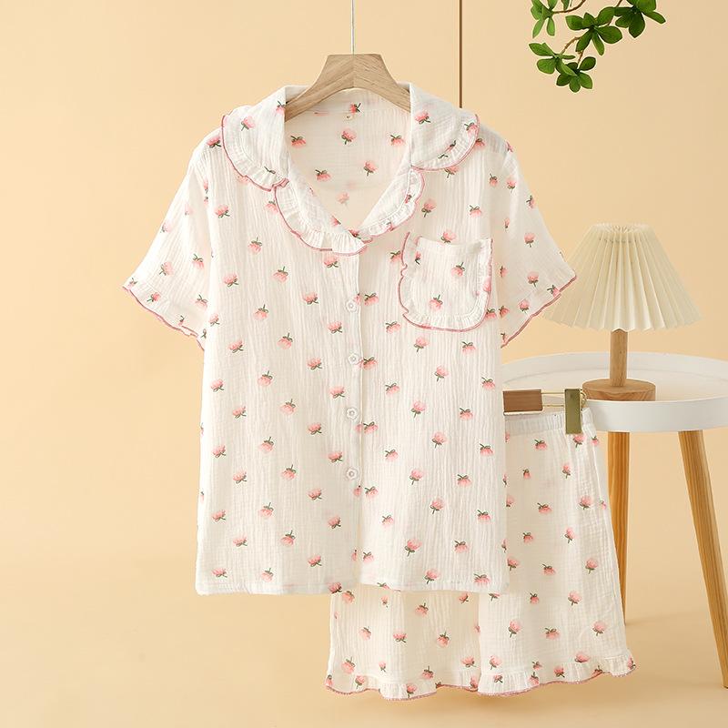 Crepe cotton seersucker women's summer short-sleeved shorts fungus lace collar pajamas set loungewear