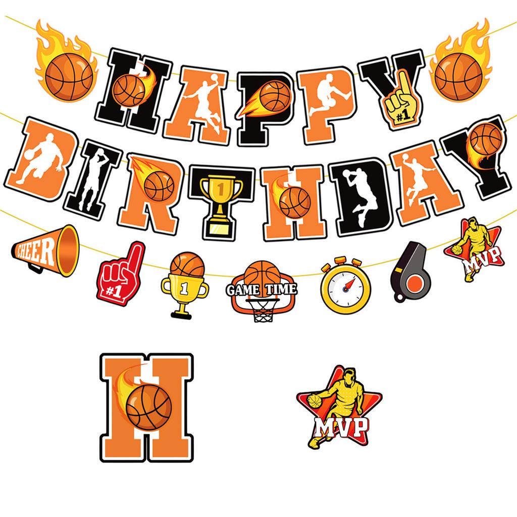 Dekorationer för fest med baskettema med banderoller, ballonger och tårttoppar för sportfirande och barnfödelsedagsevenemang