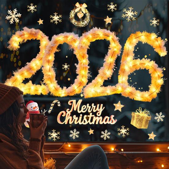 2026 Frohe Weihnachten Fensteraufkleber Abnehmbar Wasserdicht PVC Weihnachten Goldene Lichterkette Statischer Glasaufkleber Feiertags-Partydekoration Aufkleber