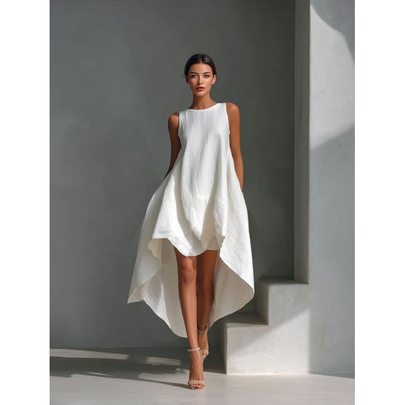 Europe, America 2026 station summer women s clothing, short front and long irregular sleeveless holiday dress S