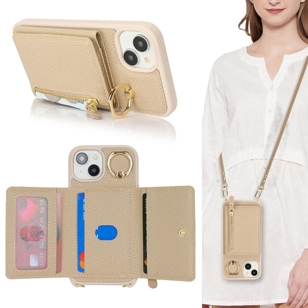 For iPhone 14/13 Case Litchi Texture Card Bag Leather+TPU Crossbody Phone Cover with Ring Kickstand
