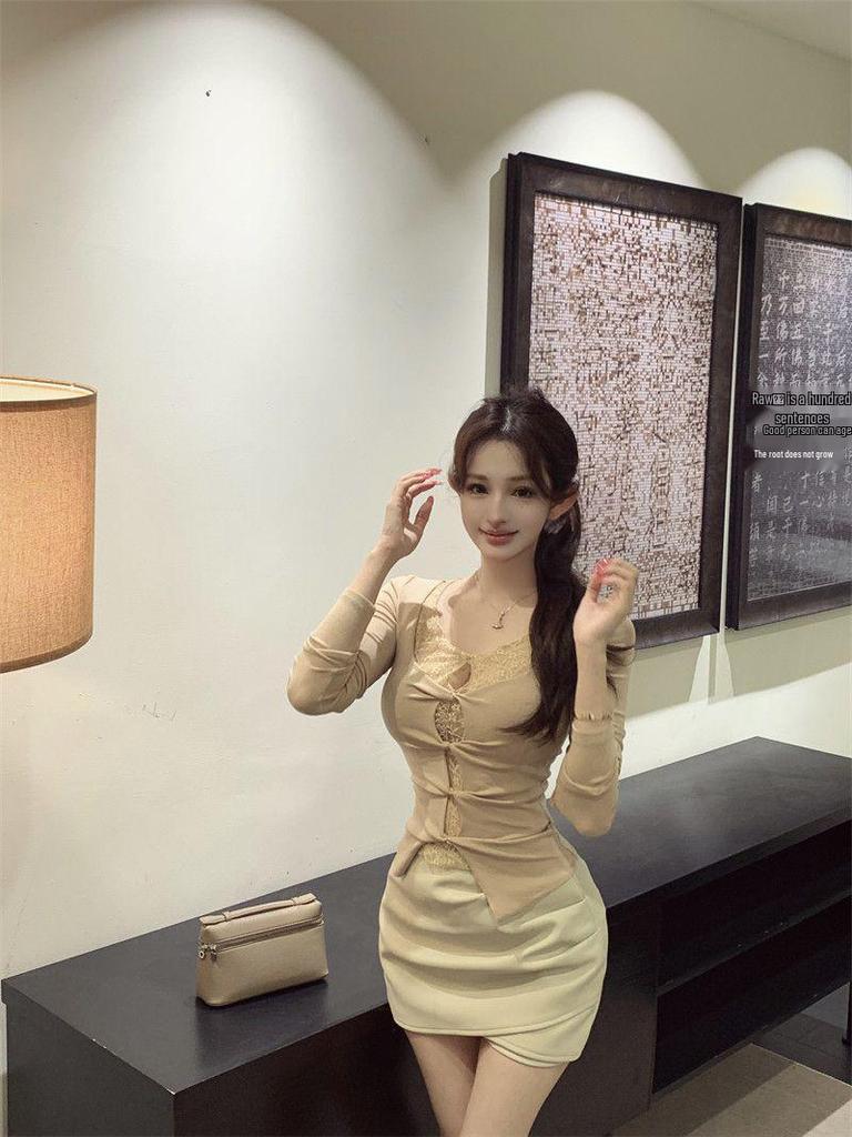 Women's Winter Style Sexy Fake Two-Piece Long-Sleeve Slimming Hollow Base Layer Top