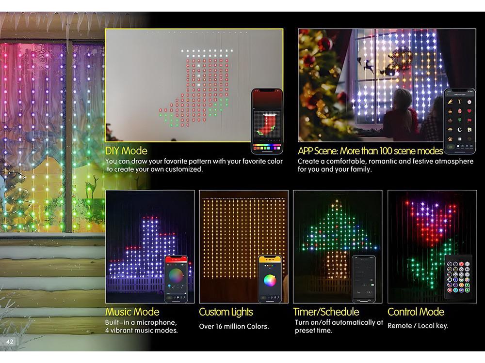 Grid Screen Hanging Smart LED Curtain Lights with Leather Line Decoration for Christmas and Dual Control Features