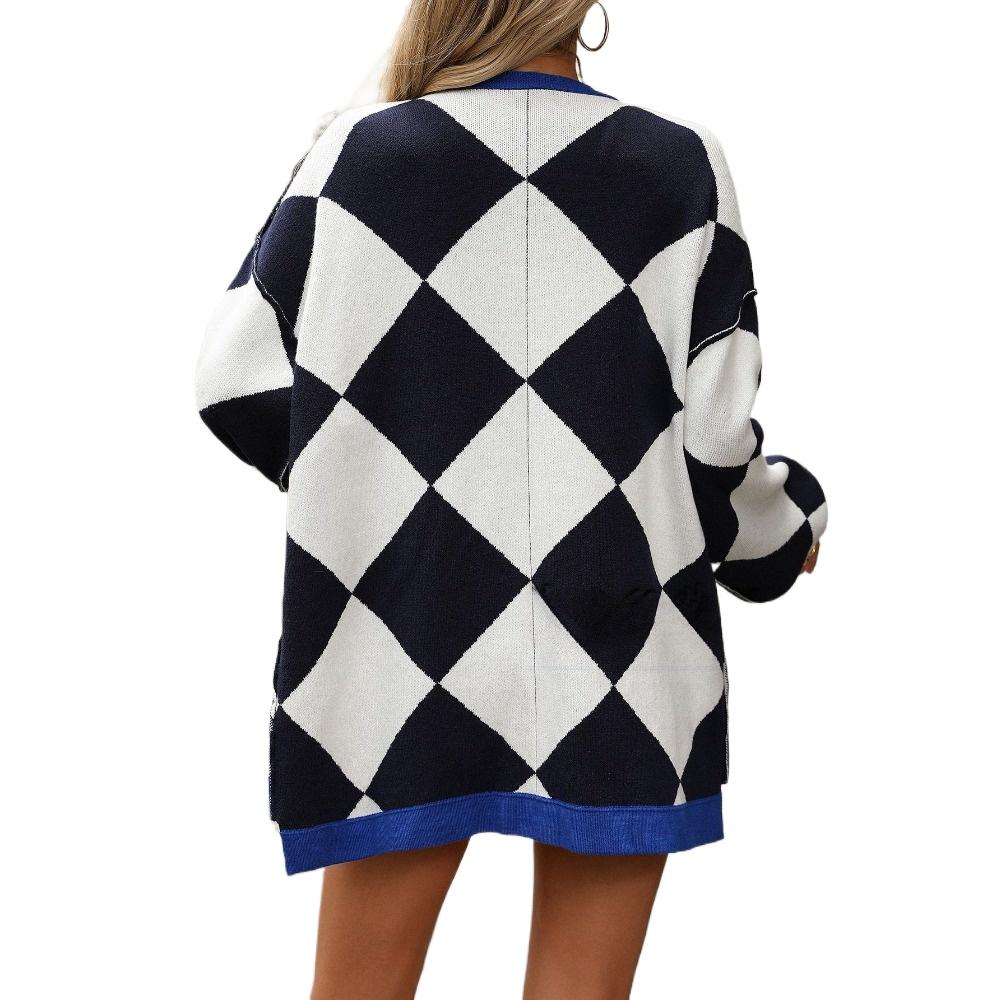 IHUASU Women's Autumn and Winter V-neck Diamond Lattice Splicing Collision Loose Knit Cardigan Jacket Jumper