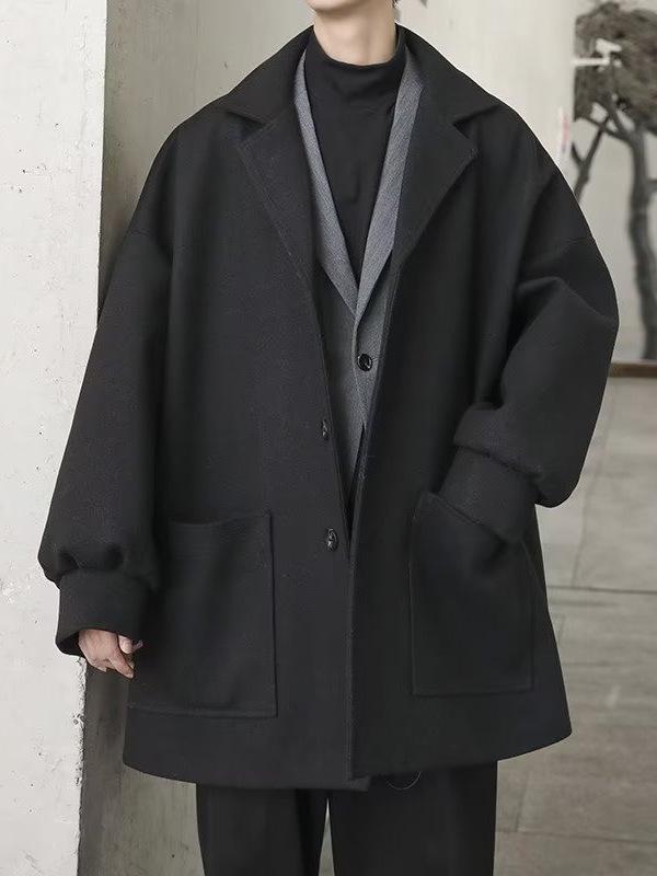 Men's Trendy Mid-Length Wool Coat - Loose Fit, High-End Single-Breasted for Autumn & Winter