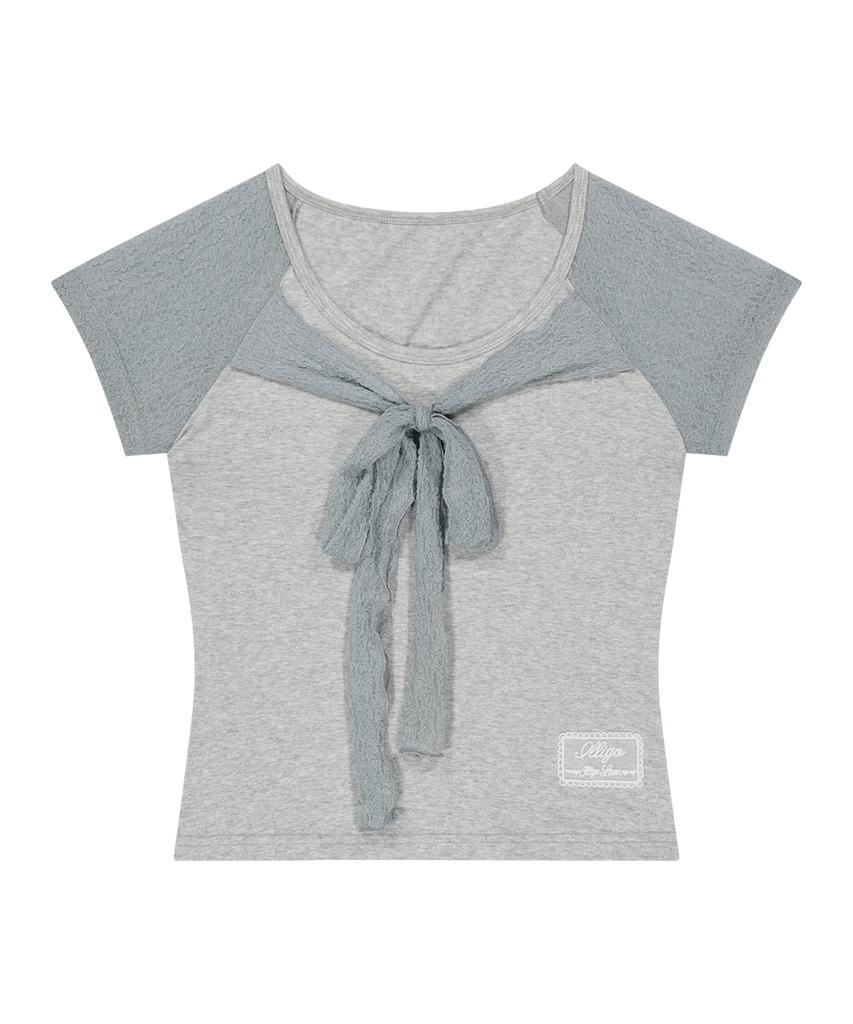 ILLIGO Lace Ribbon Contrast T-Shirt Melange