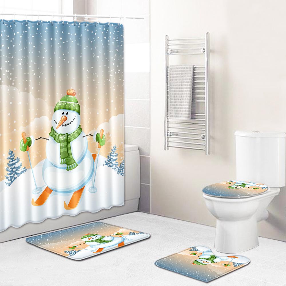 Christmas Shower Curtain Floor Mat Combination Four-Piece Set Bathroom Toilet Carpet Shower Room Mat Foot Mat