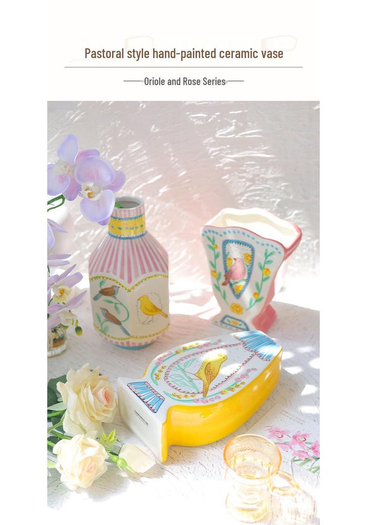 Nightingale and Rose Ceramic Vase: High-End Pastoral Flowers & Birds Ornament for Living Room
