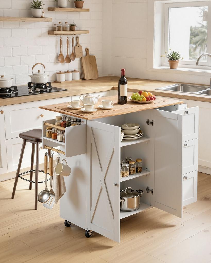 VEVOR Kitchen Island Cart with Solid Wood Top, 115 cm Width Mobile Carts with Storage Cabinet, Rolling Kitchen Table with Spice Rack, Towel Rack