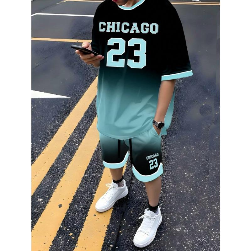 Men's Sports Short Sleeve Top Shorts Set Plus Size Breathable Basketball Sports Clothing Letter Print T-shirt Shorts 2-piece Set