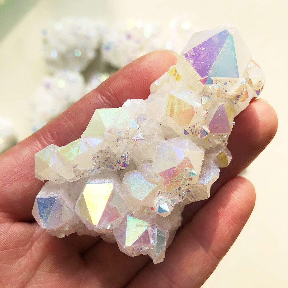 Wixine 1Pcs White Angel Aura Quartz Point Electroplated Crystal Cluster Healing Stone