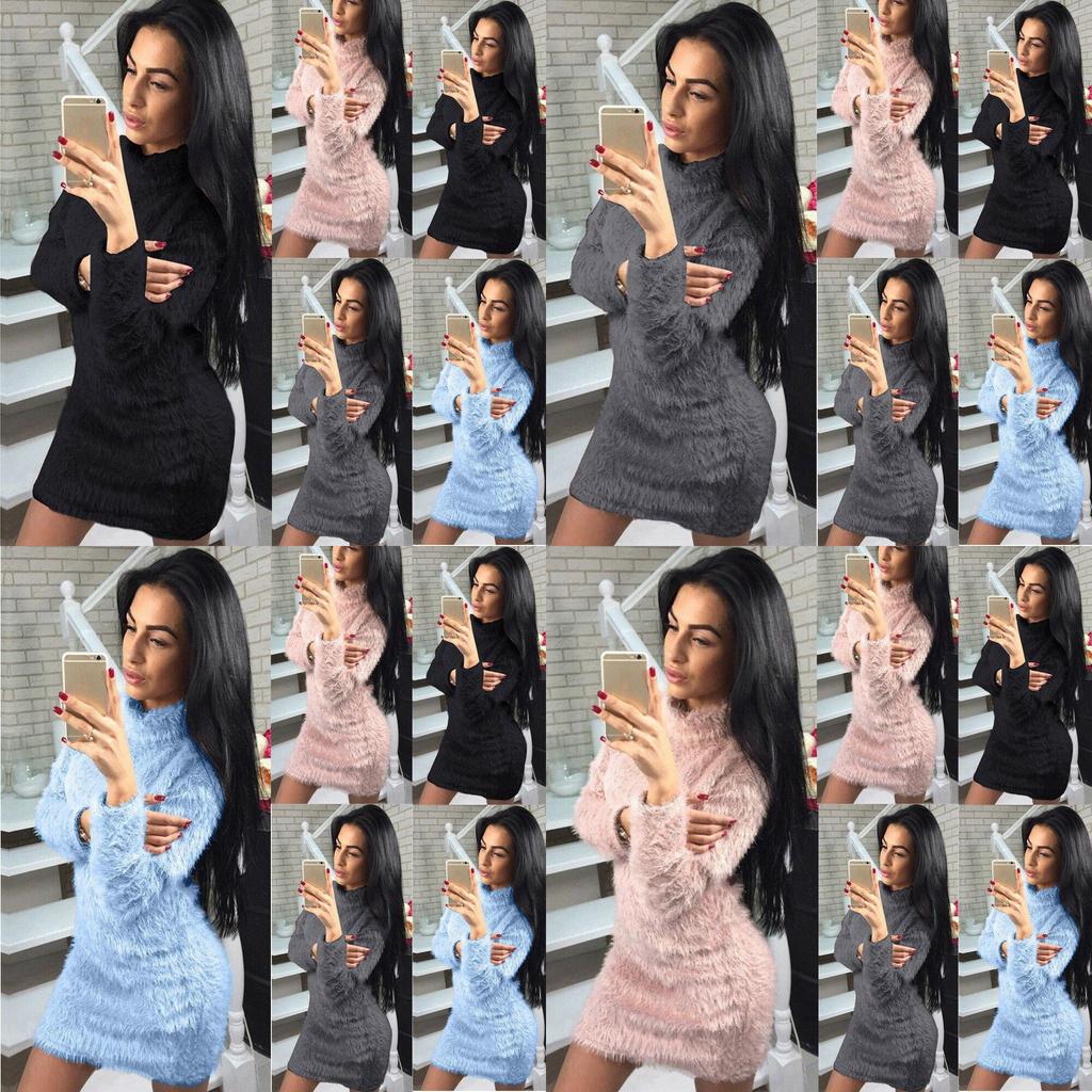 Women Long Winter Sleeve Fluffy Sweater Tops Ladies Party Bodycon Dress Jumper
