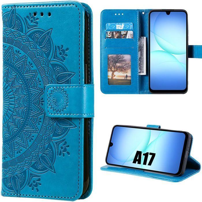 Coque de Protection - BOOLING - Samsung Galaxy A17 4G/5G - Cuir PU Bleu Motif Floral Géométrique