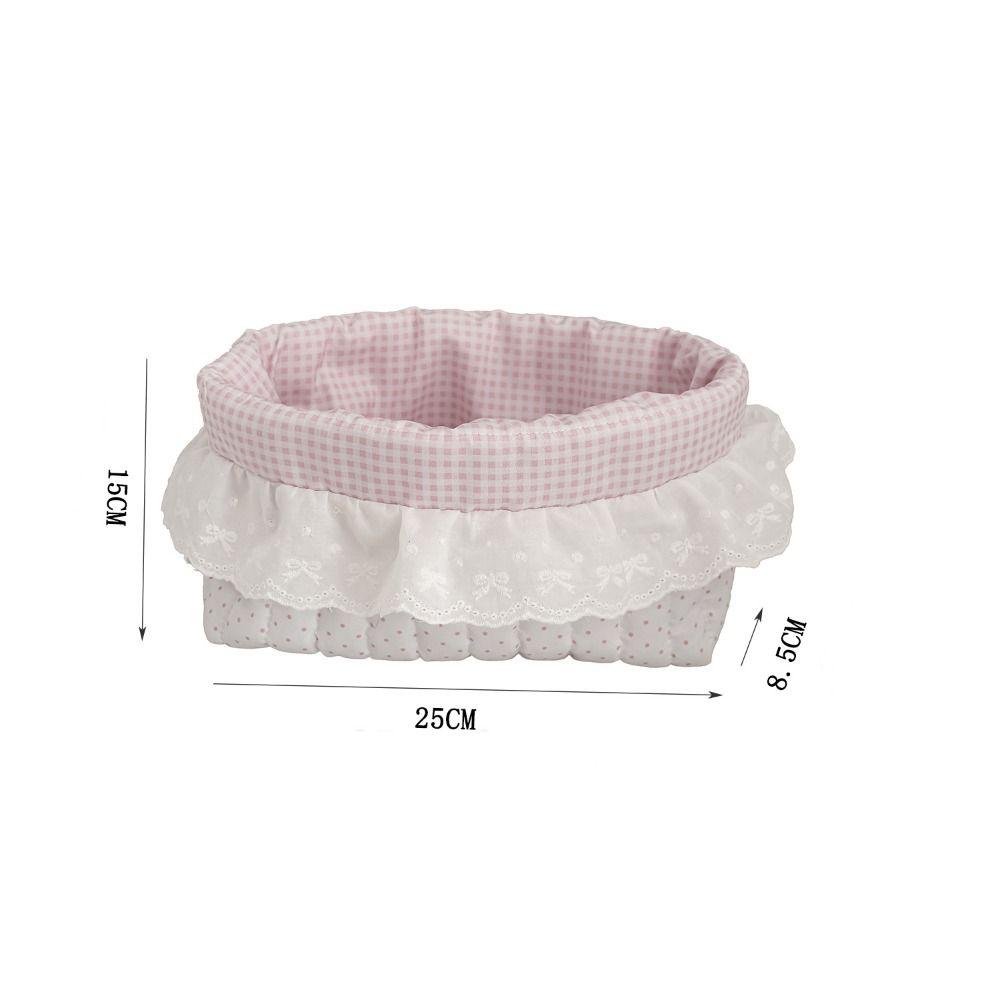 Cute Quilting Cotton Cloth Storage Basket Oval Lace Storage Box Foldable Pink Dots Organizer Box Organizer