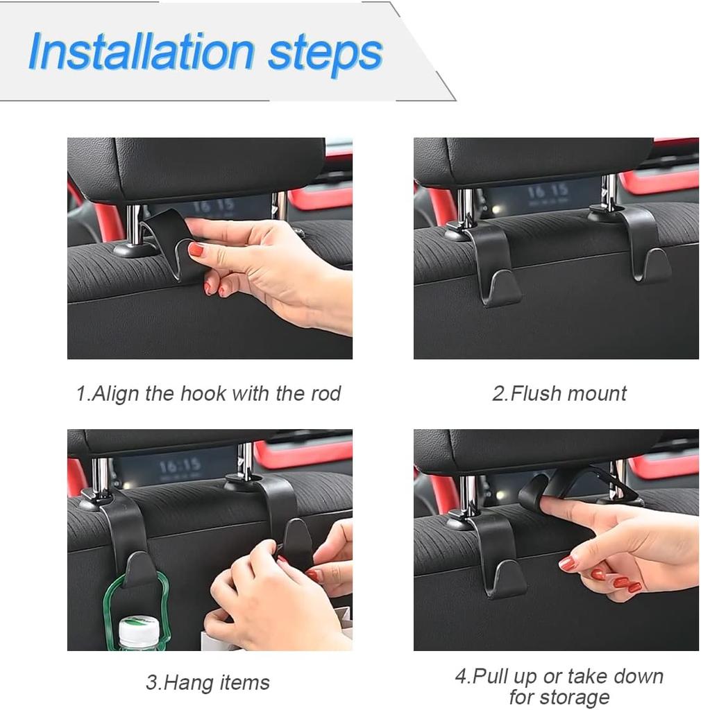 4PCS Car Back Seat Headrest Hooks, Rear Car Seat Storage Headrest Hanger Holder Hooks Organizer, Universal Auto Interior Accessories for Bag Purse
