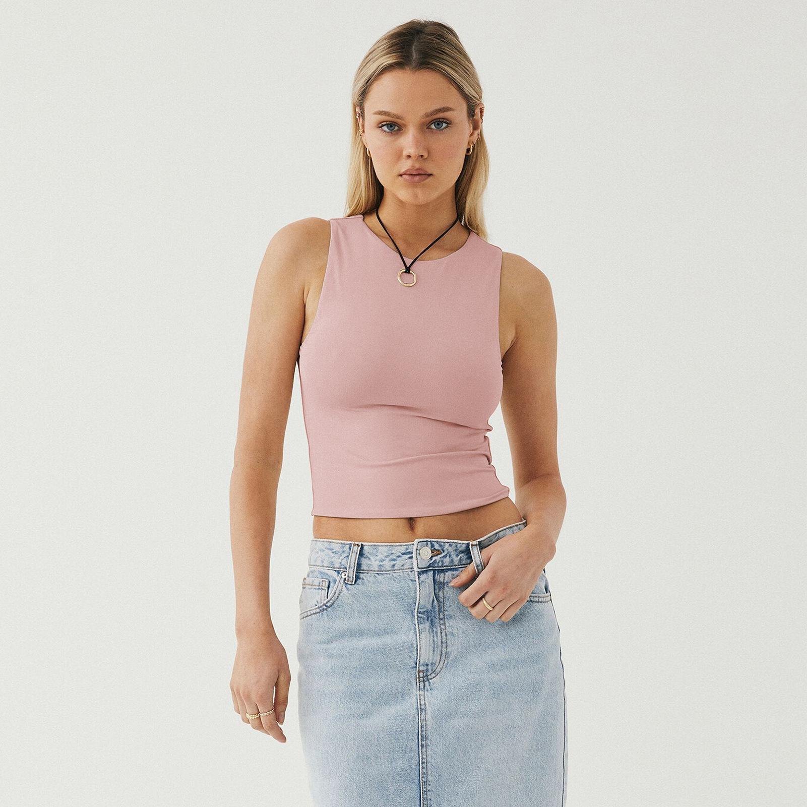 

Летний женский жилет Y2K, сексуальный жилет без рукавов с плотной нижней частью, круглый вырез, рабочий жилет, верхняя одежда M розовый