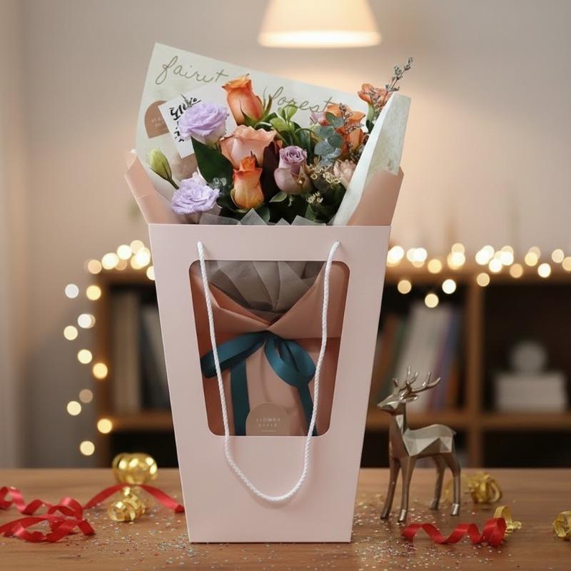 Trapezoid Window FlowerGift Bag Creative Handheld Bouquet Packaging for Mothers Day Birthday WeddingParty Favor Florist Supplies