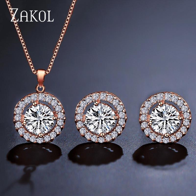ZAKOL Nigerian Round Cubic Zirconia Wedding Jewelry Sets for Women Classic Micro Inlay Crystal Bridal Earrings Necklace Set