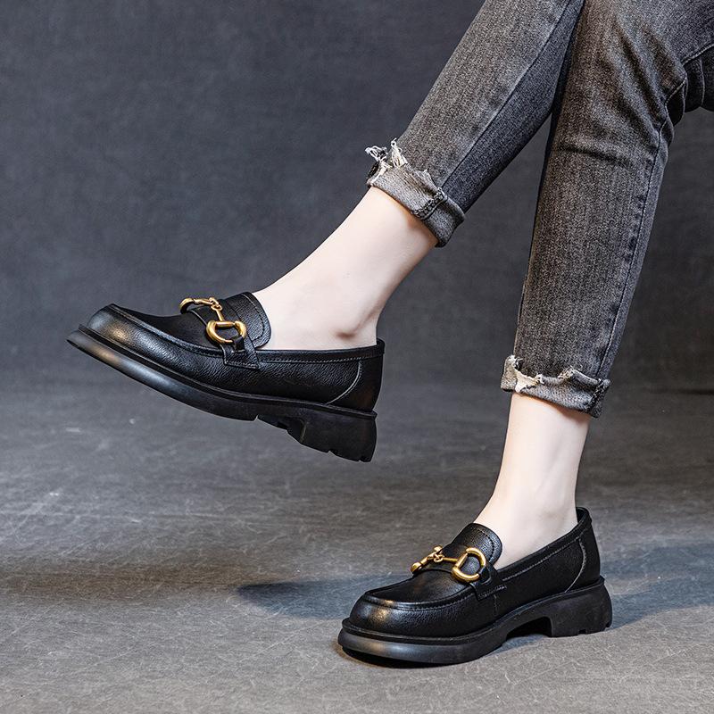 2025 Spring and Autumn New Single Shoes Cowhide Metal Buckle Loafers Middle Heel Soft Sole Comfortable Versatile Casual Single Shoes Women