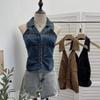 Women's Halter V-Neck Denim Vest: Body-Hugging, Elastic Back, Short, Sleeveless Top. Style 830.