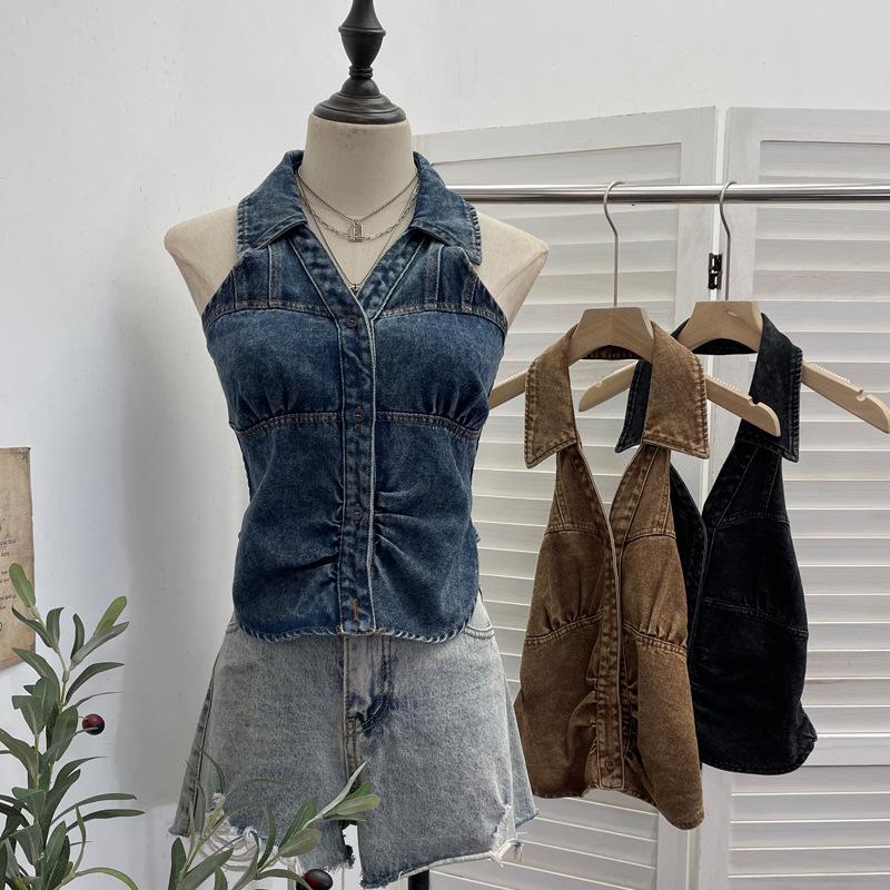 Women's Halter V-Neck Denim Vest: Body-Hugging, Elastic Back, Short, Sleeveless Top. Style 830.